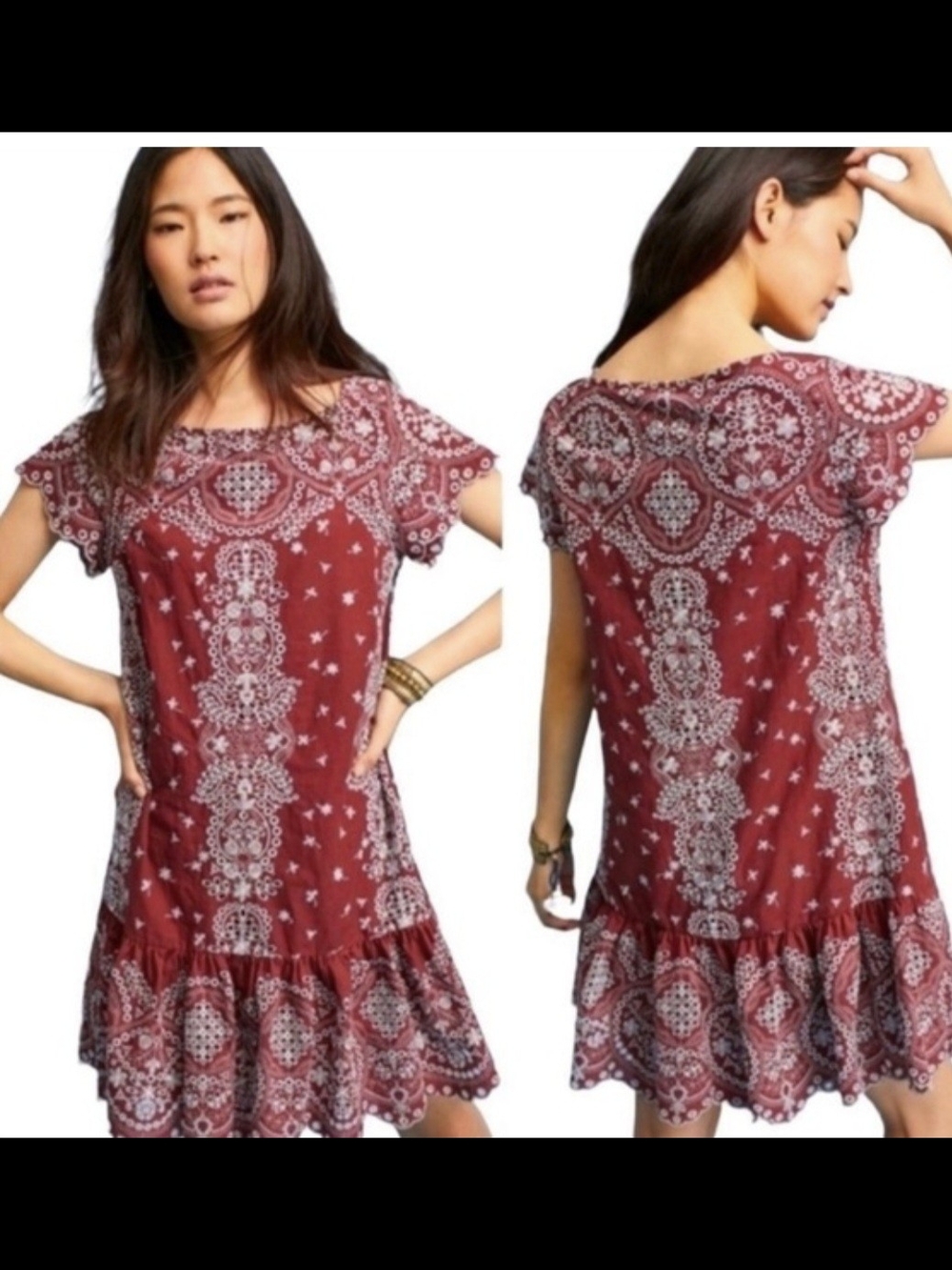 EUC Feather Bone By Anthropologie Maroon Eyelet Mini Dress M